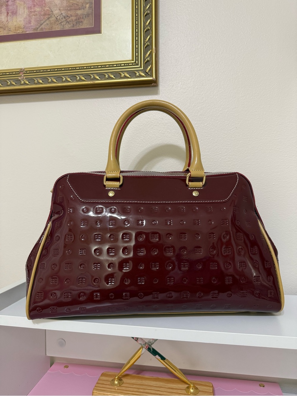 Arcadia Patent Leather Burgundy Shoulder Bag with Tan Trim